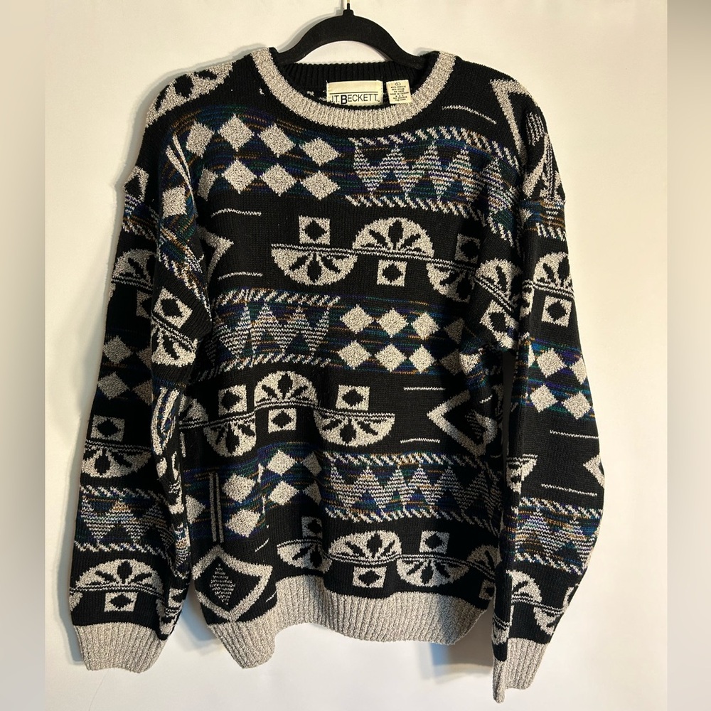 J.T.BECKETT ALL OVER PATTERNED MENS VTG BLACK MULTI COLORED CREWNECK SWEATER L